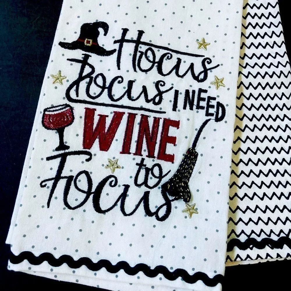 Halloween Hocus Pocus Wine Witch Fall Kitchen Dish Towels